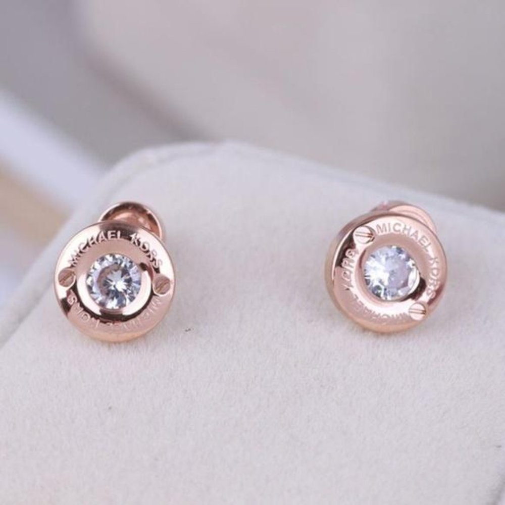 Michael Kors Rose Gold Crystal Logo Stud Earrings - Picture 11 of 12